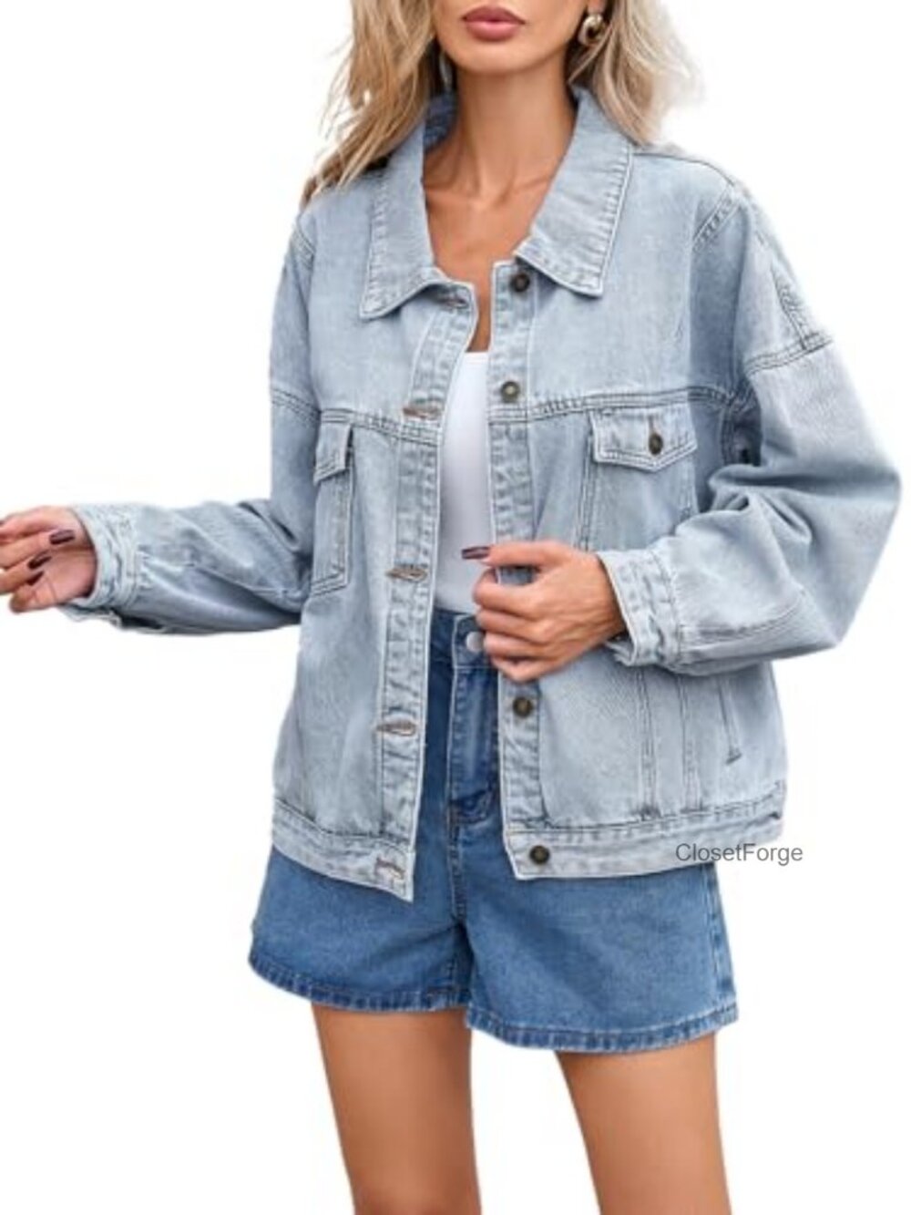 Oversized Distressed Denim Jacket Women Long Sleeve Button Up Ripped Boyfriend